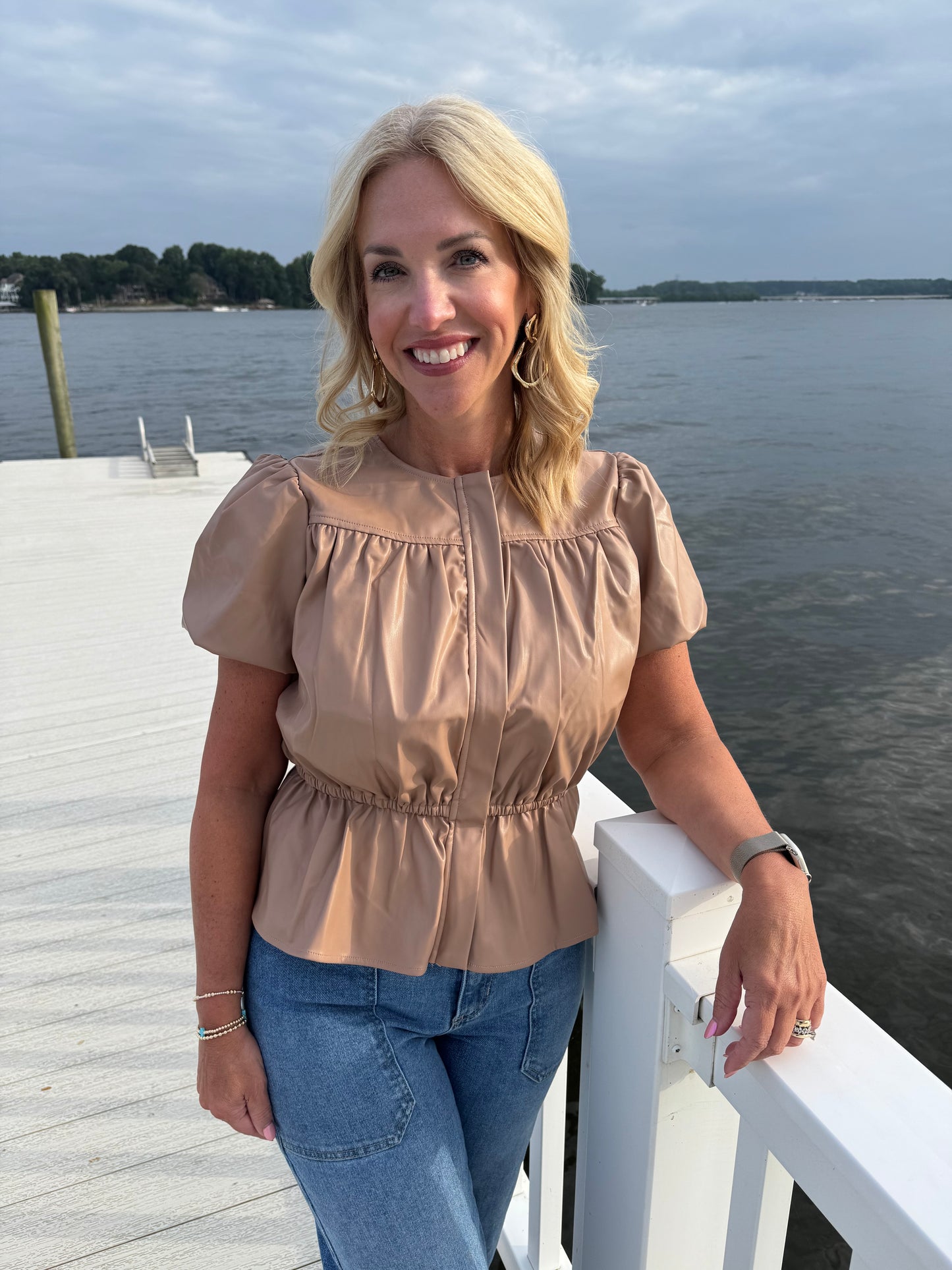 Faux Leather Puff Sleeve Top