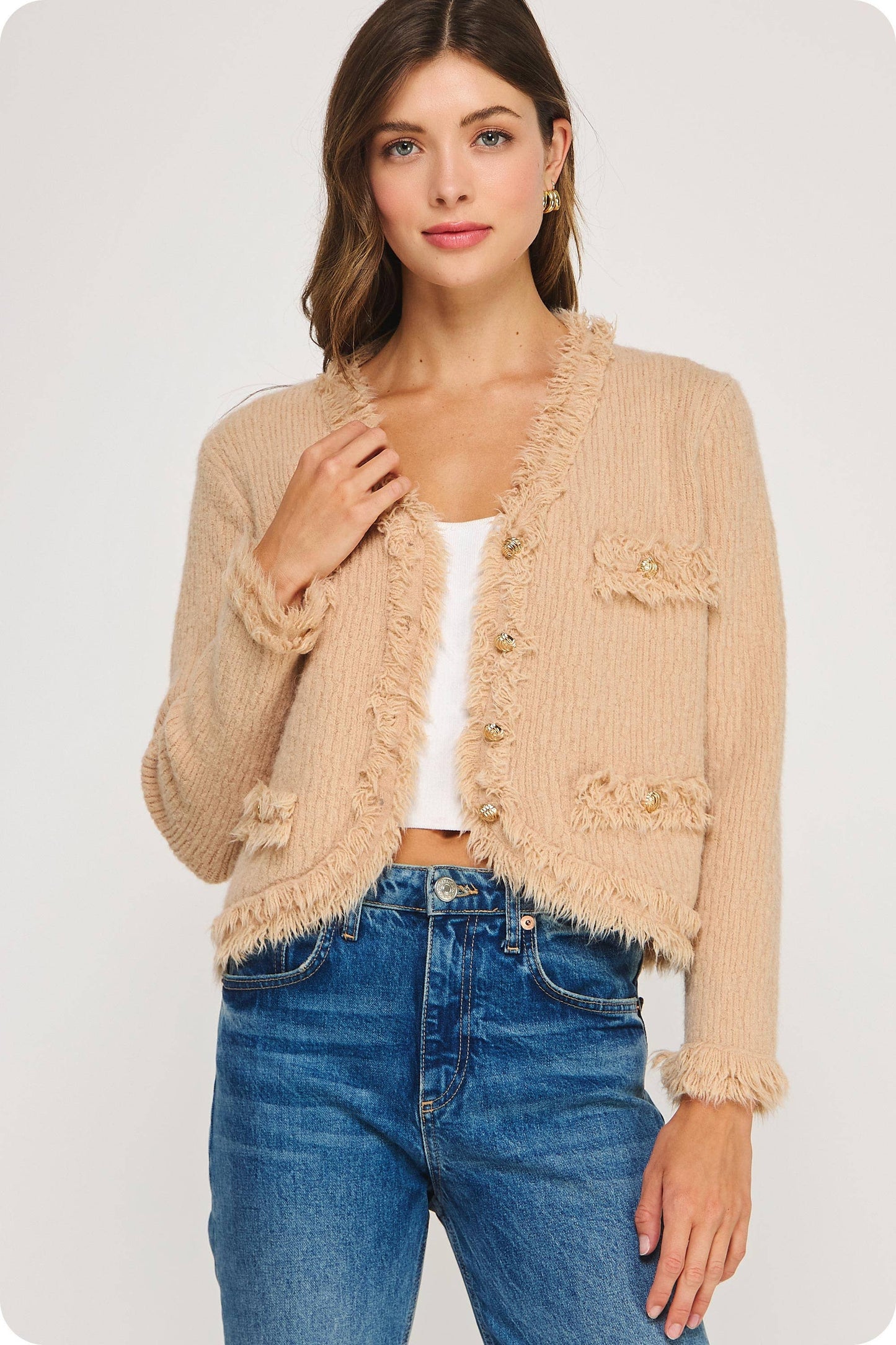 Frayed Trim Textured Cardigan