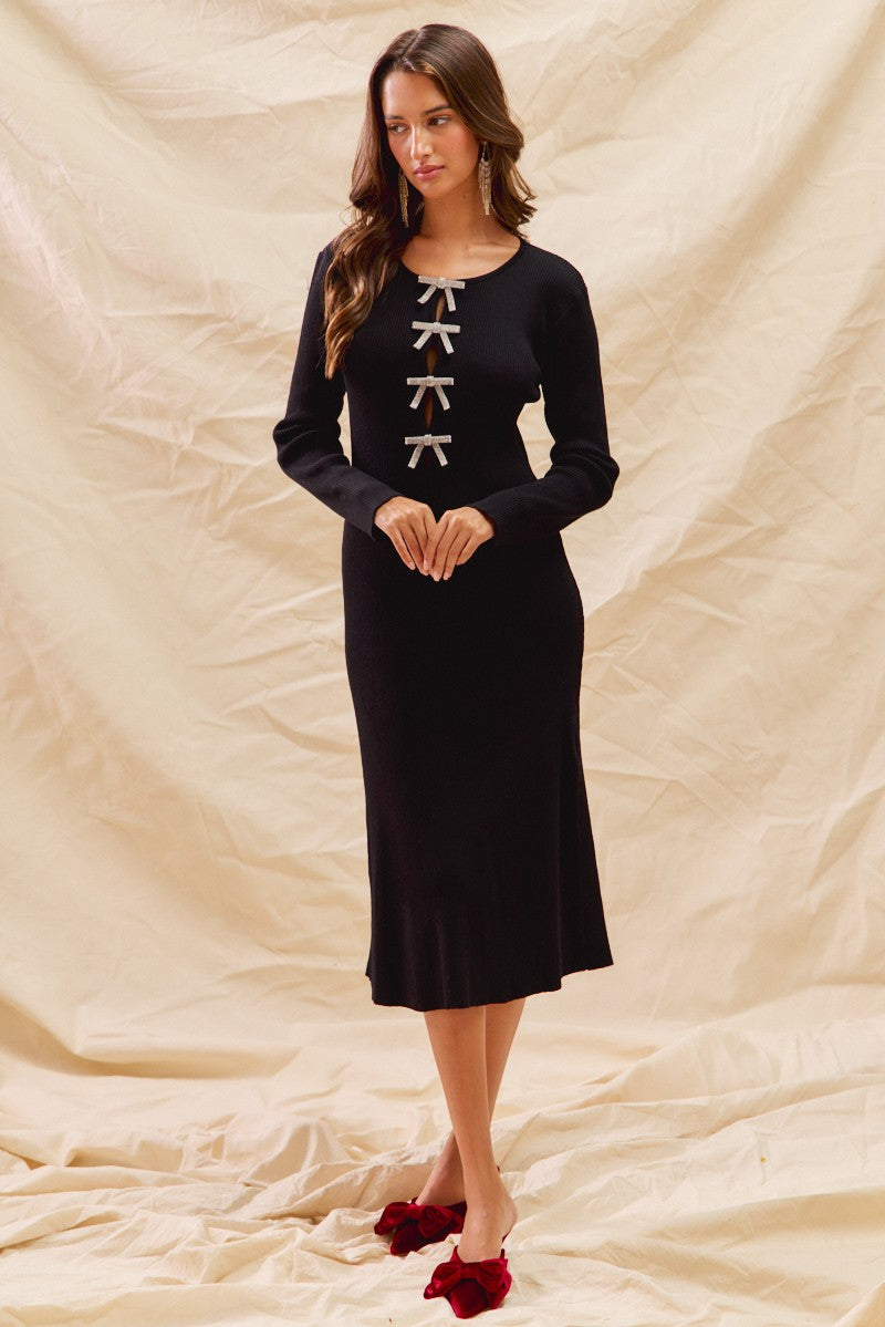 Rhinestone Ribbon Holiday Sweater Midi Dress