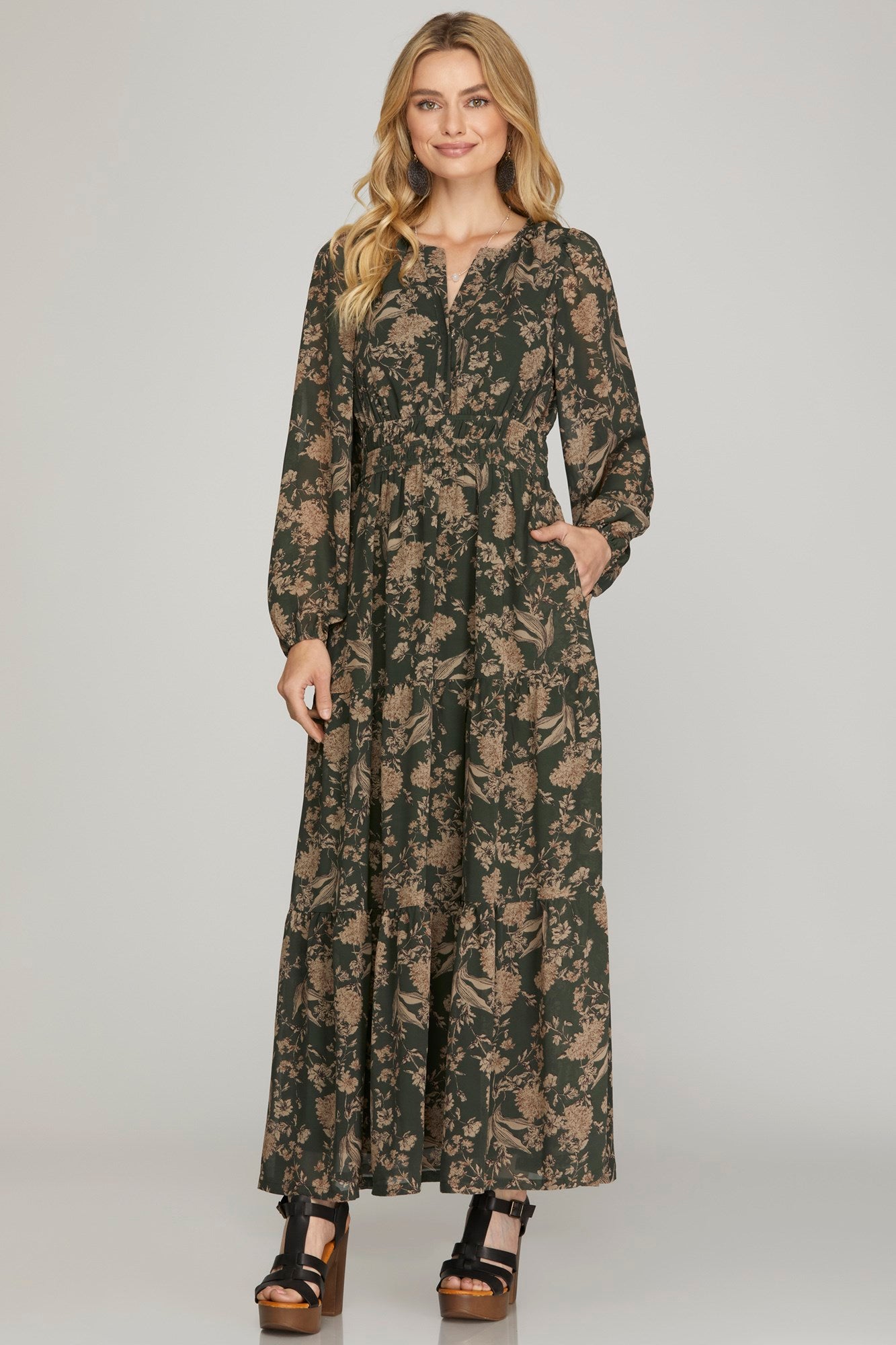 Long Sleeve Green Tiered Maxi Dress