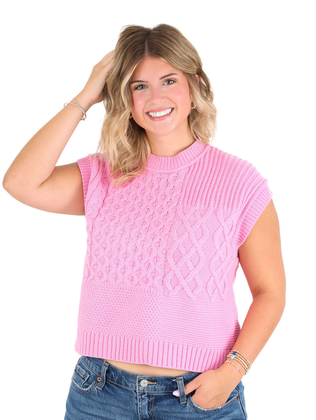 Pink Sleeveless Cable Knit Sweater