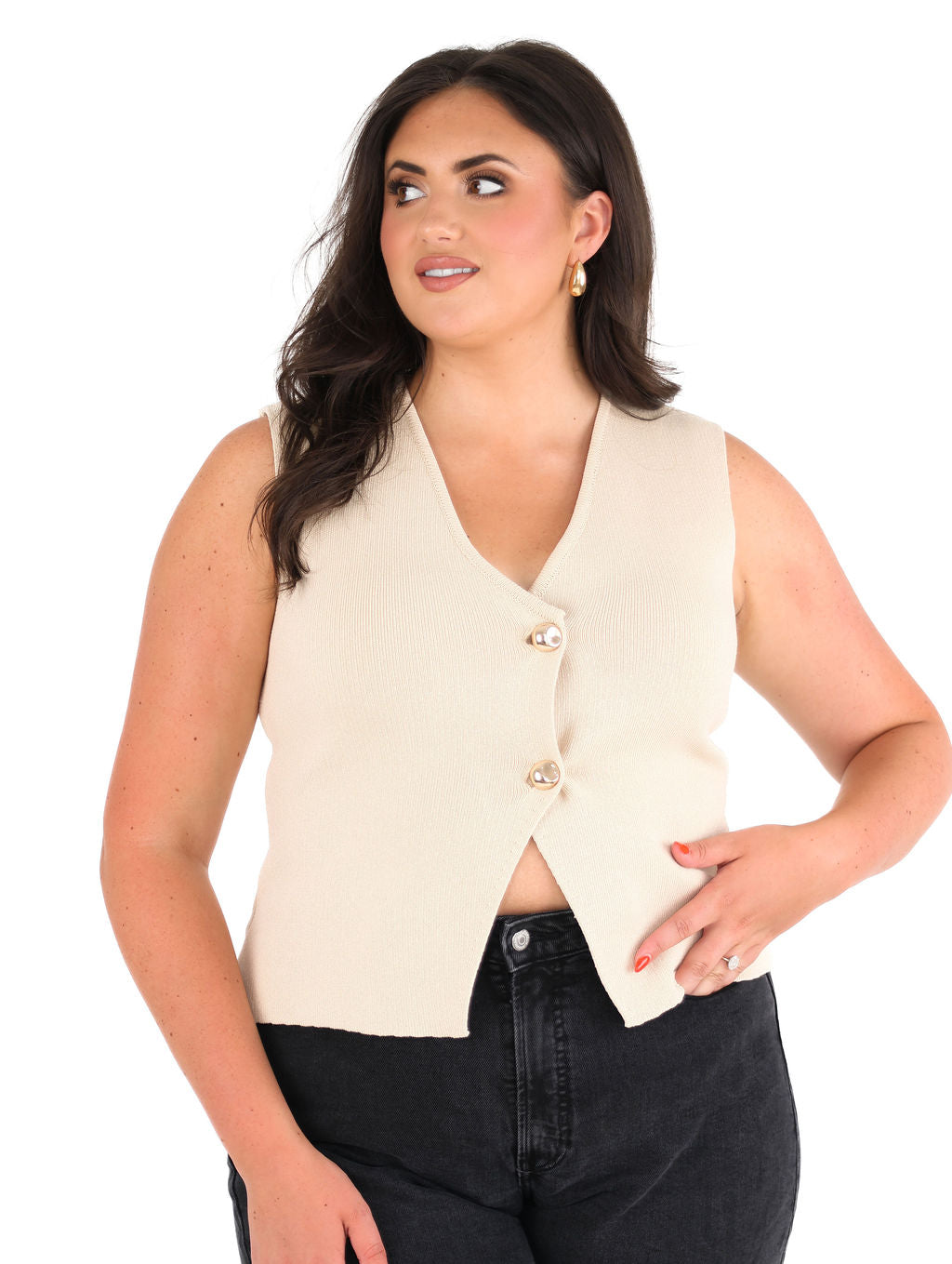 Sleeveless Gold Button Knit Sweater Vest