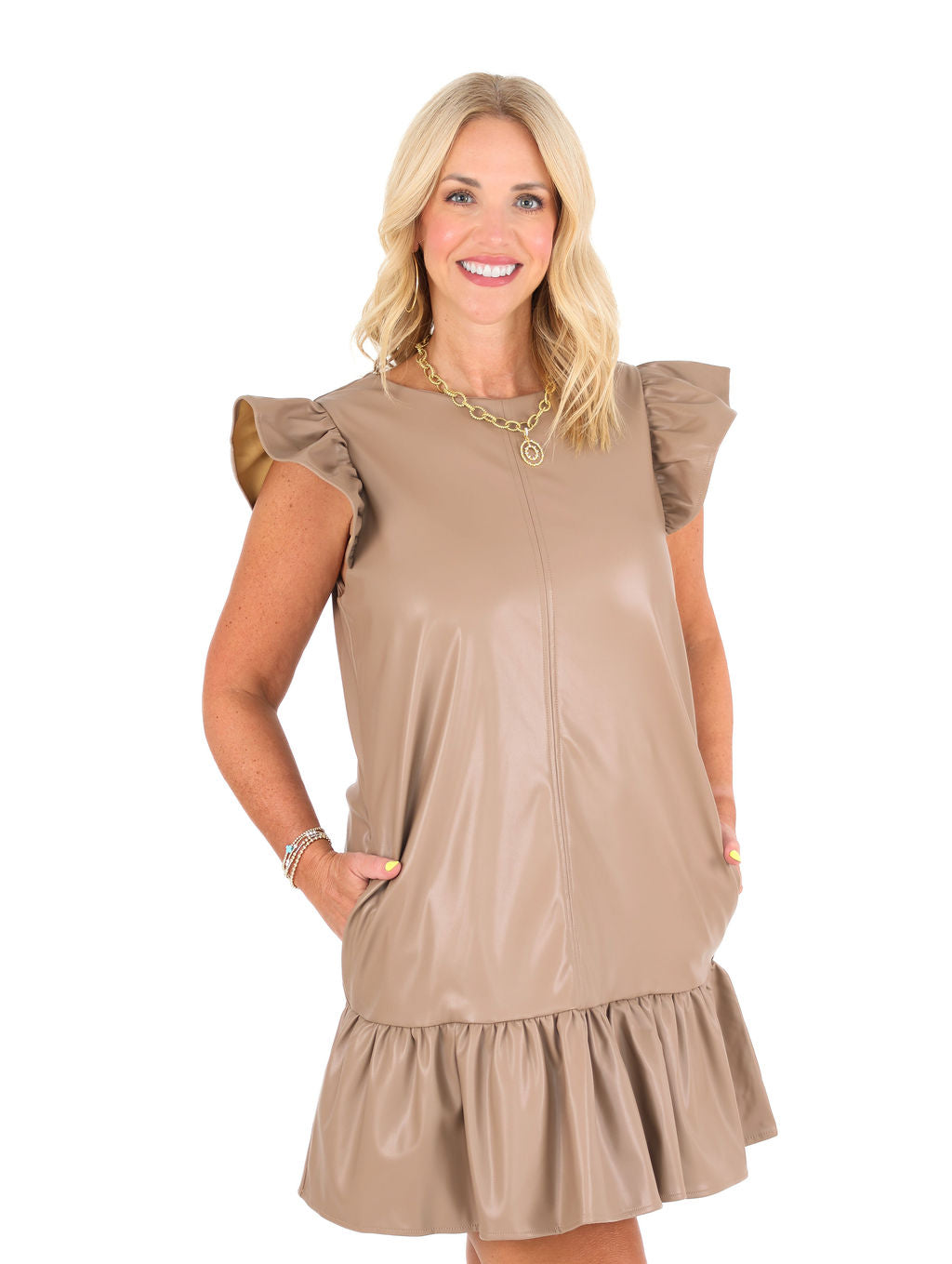faux leather ruffle dress The Faux Leather Ruffle V-Neck Dress – orianalifestyle.com