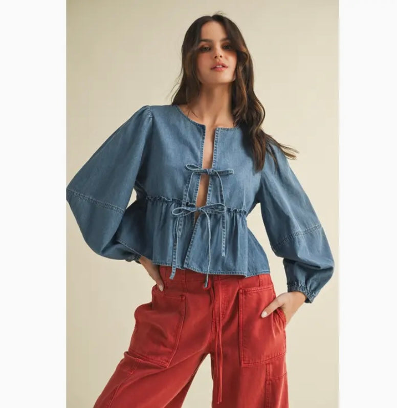 Ruffle Hem Tie Closure Denim Top