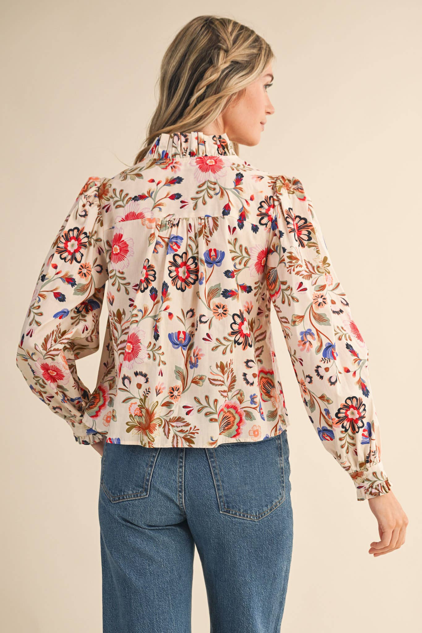 Floral Print Ruffled Button Down Top