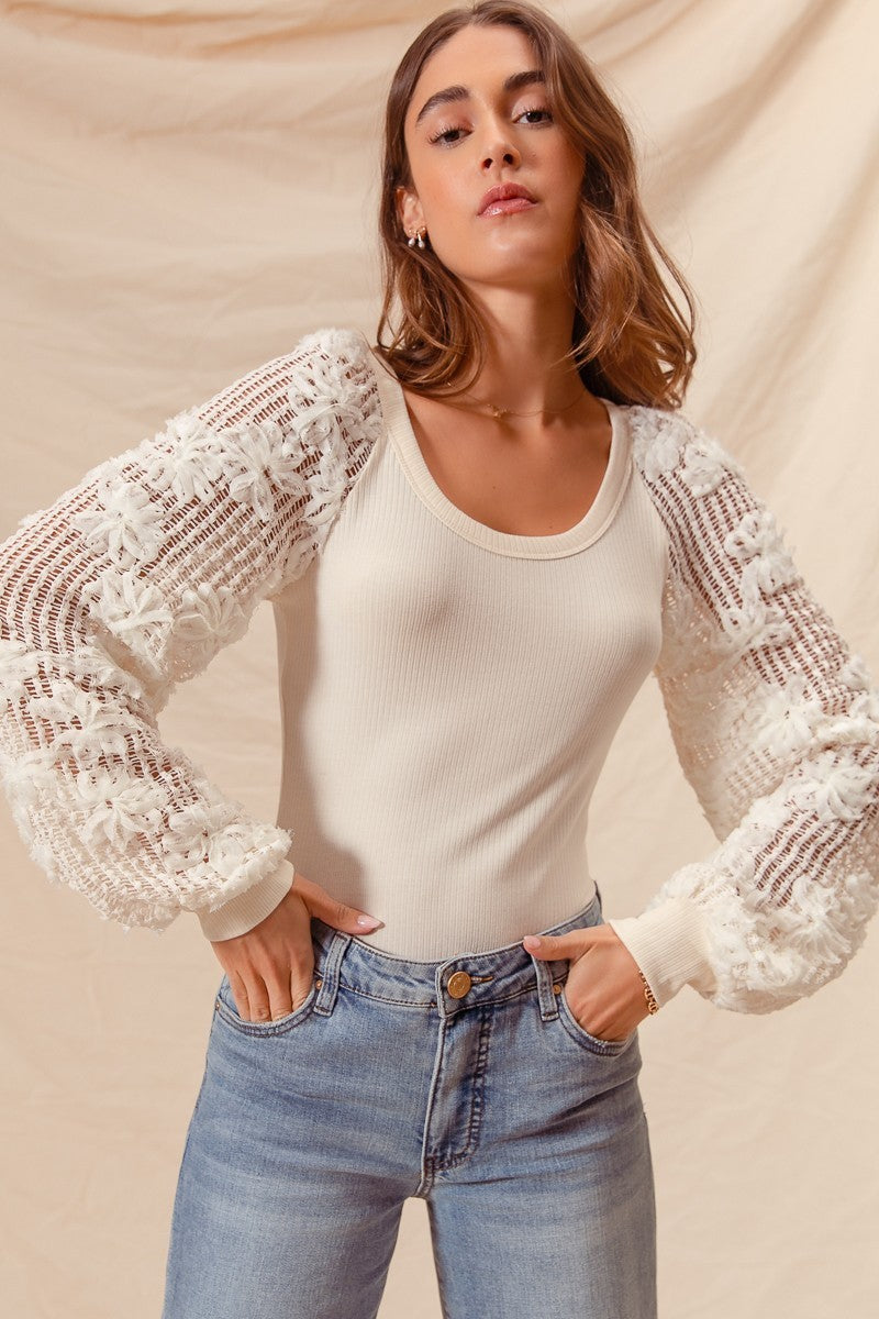 Rib Knit Top With Lace Balloon Sleeves
