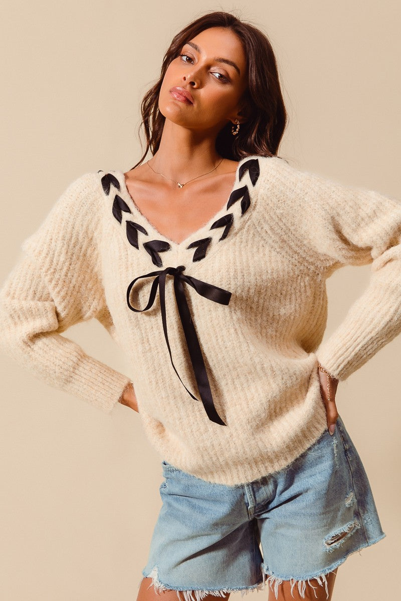 Satin Braided Ribbon Tie Sweater