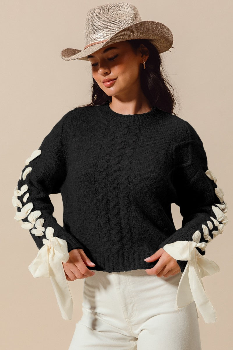 Contrast Ribbon Bow Sleeves Cable Knit Top