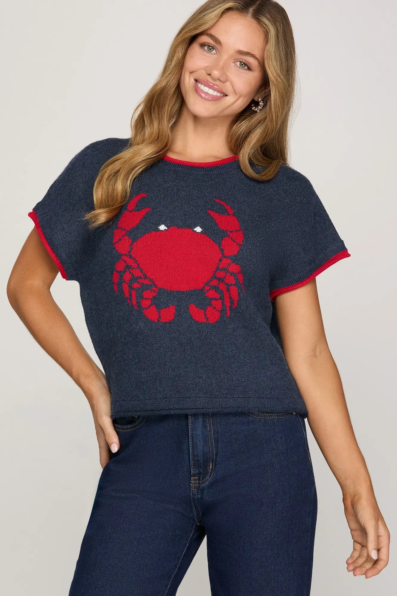 Short Sleeve Crab Print Knit Sweater Top