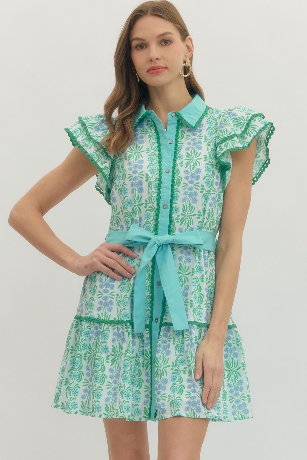 Teal Floral Tie Waist Dress