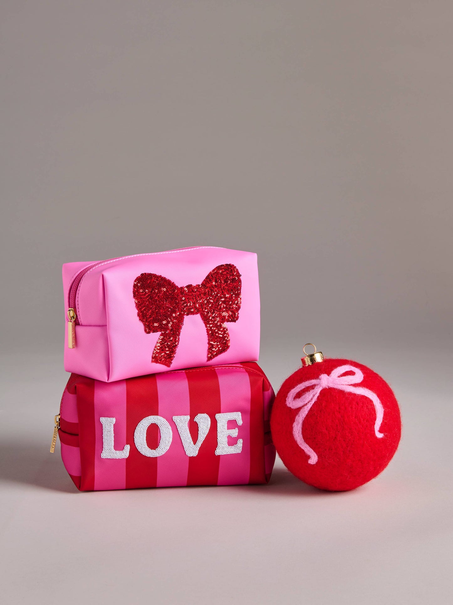 Sequin Bow Pink Zip Pouch