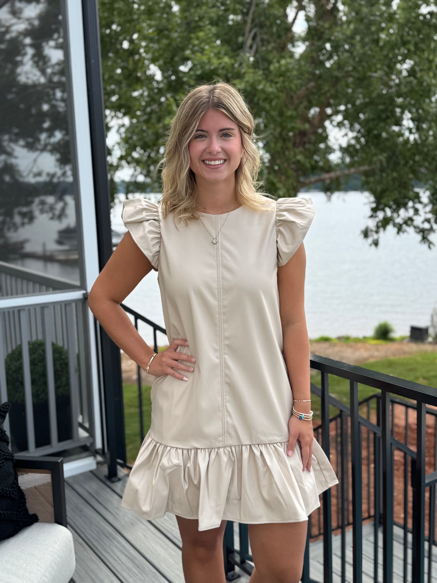 Faux Leather Ruffle Sleeve Mini Dress