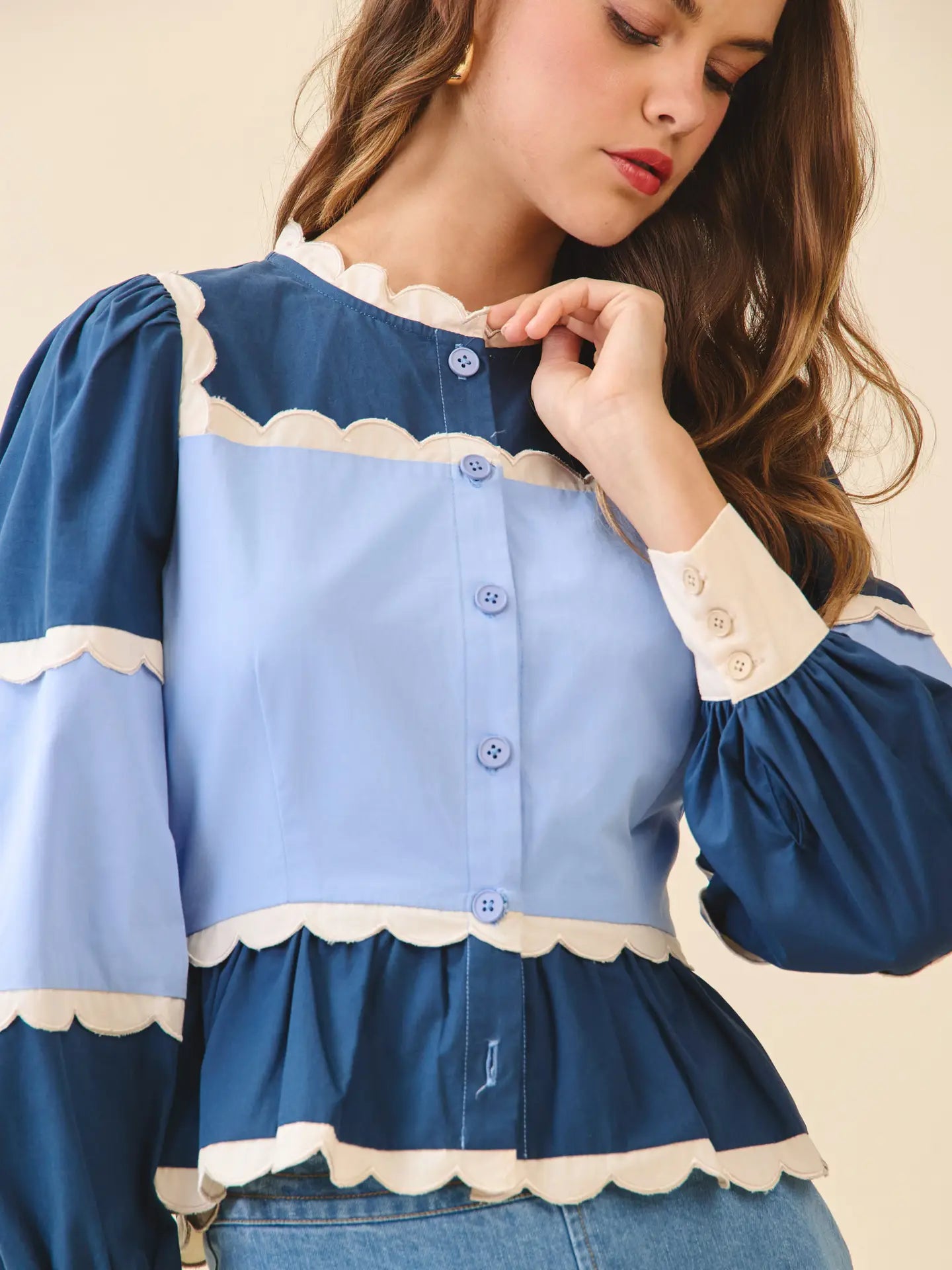 Color Block Scalloped Detail Peplum Top