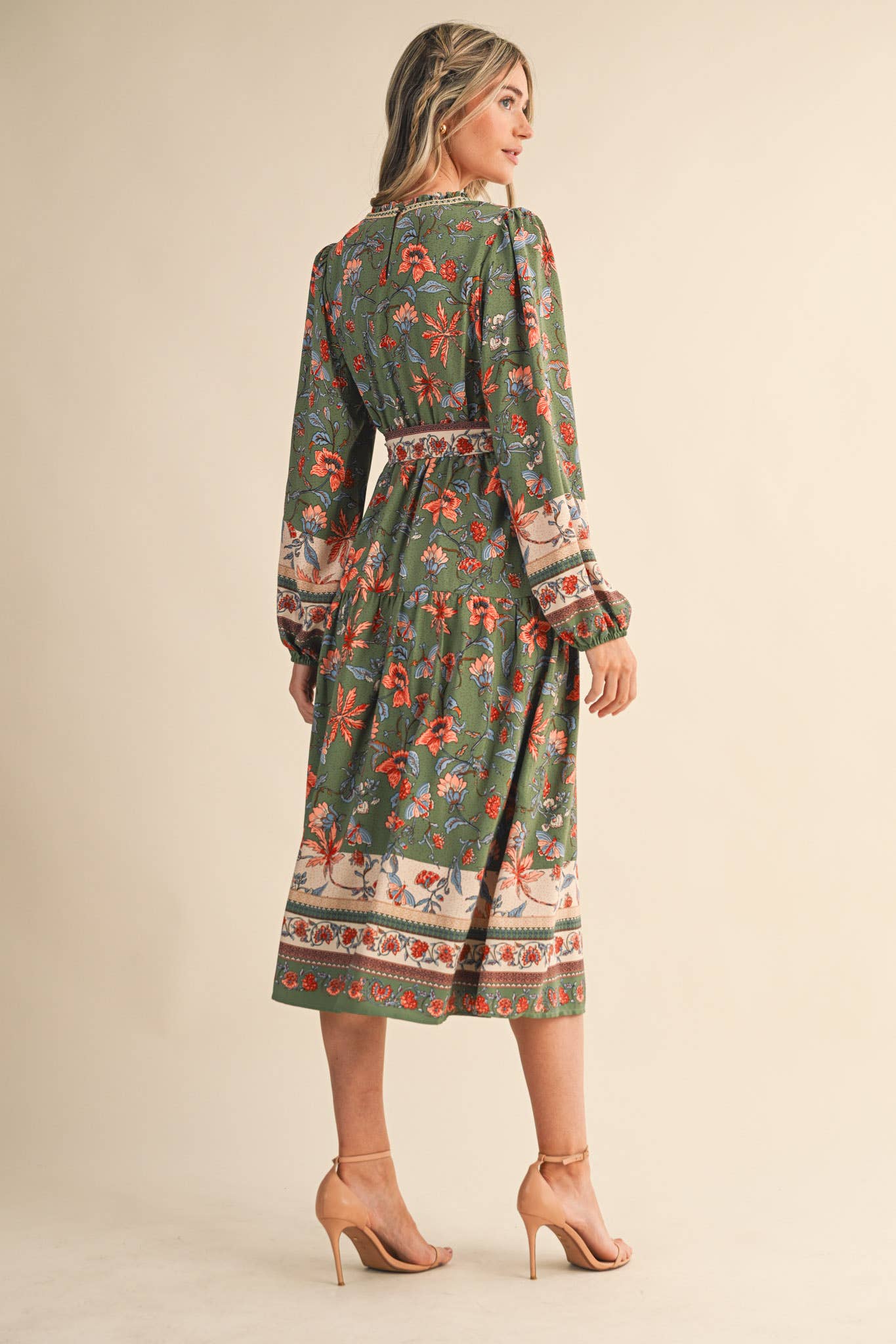 Floral Border Print Belted Midi Dress