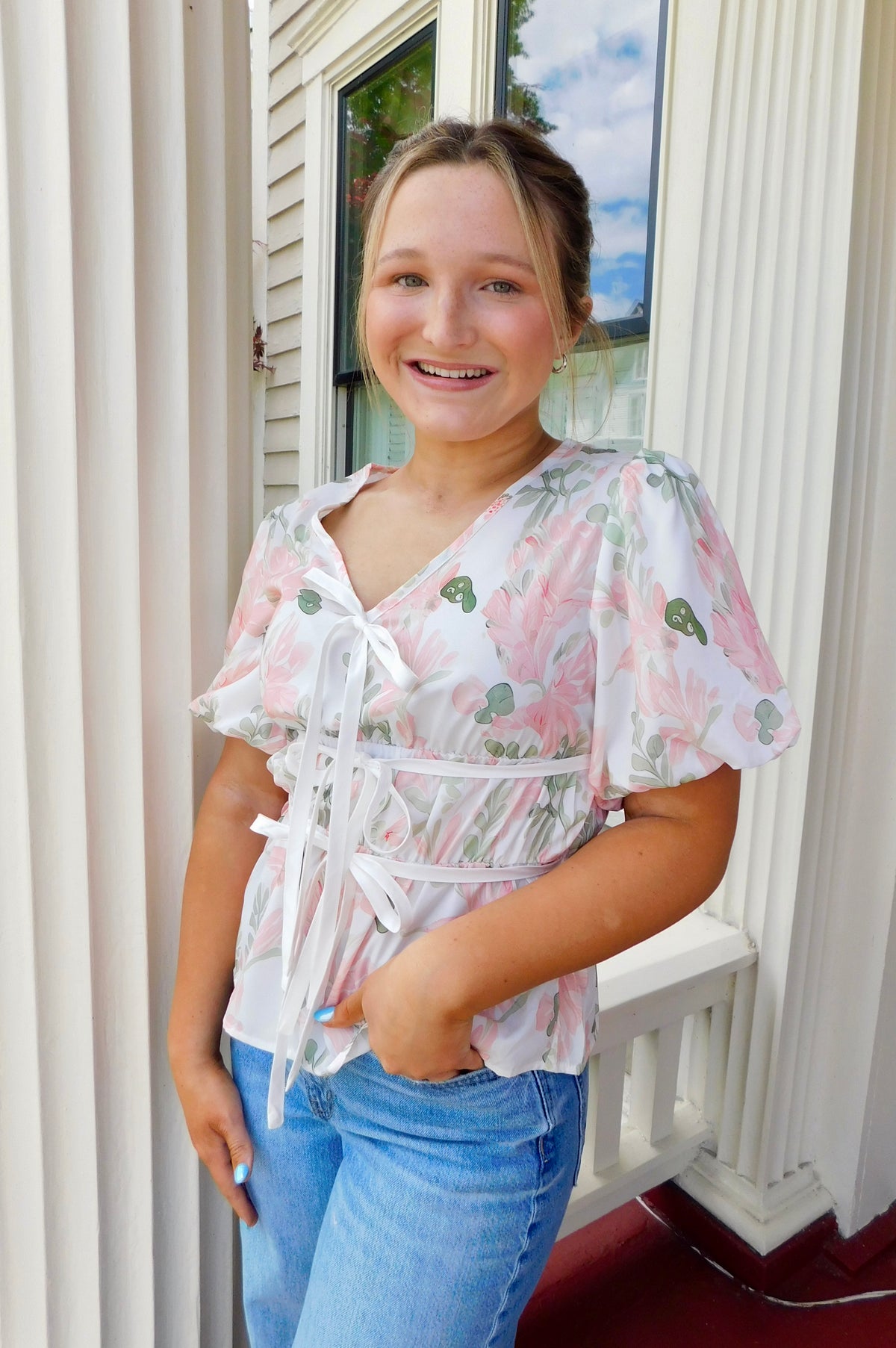 Floral Puff Sleeve Tied Front Peplum Blouse