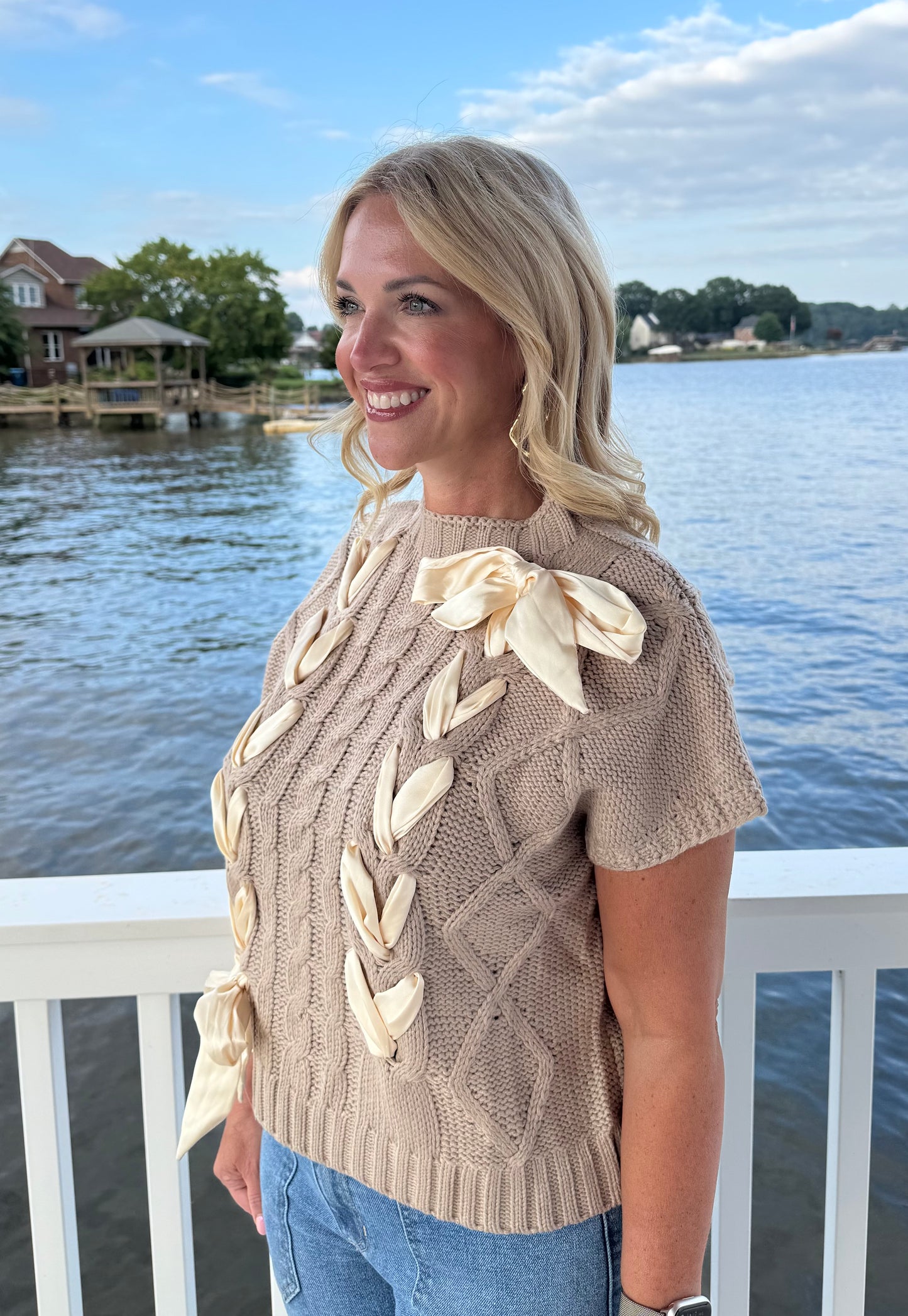 Satin Bow Cable Knit Sweater