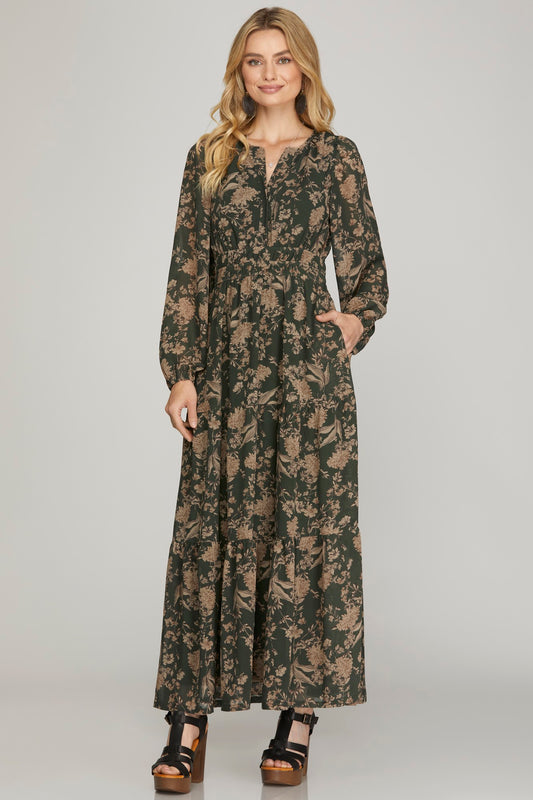 Long Sleeve Green Tiered Maxi Dress