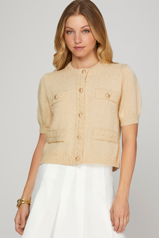 Puff Sleeve Button Up Sweater