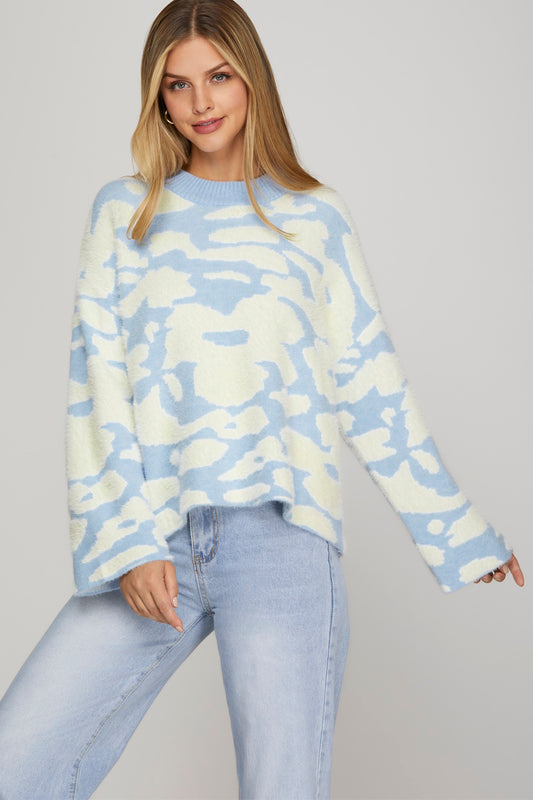 Fuzzy Floral Print Sweater Top