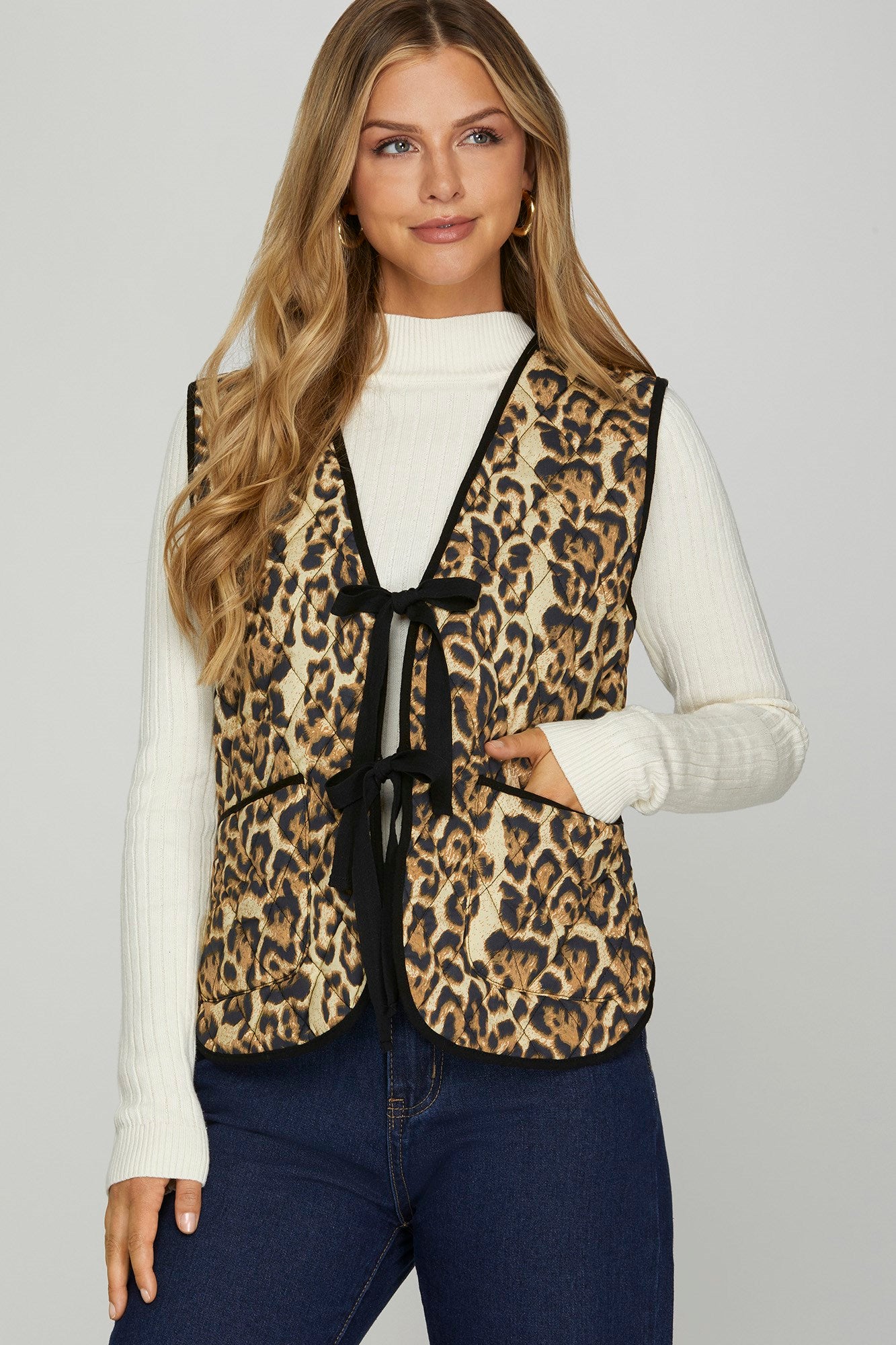 Quilted Leopard Print Vest With Bow Tie