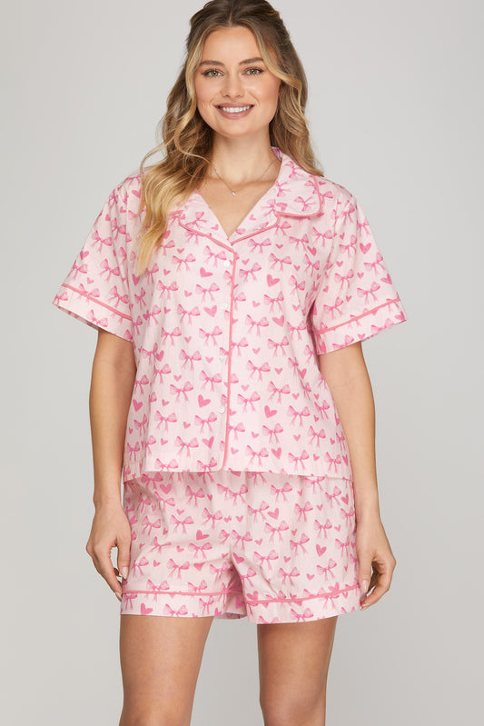Pink Pajama Set With Bow Detail