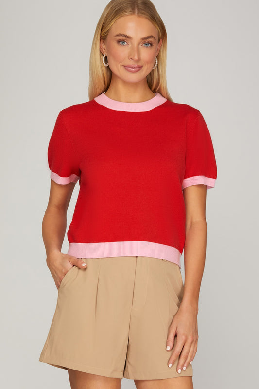 Short Sleeve Color Block Sweater