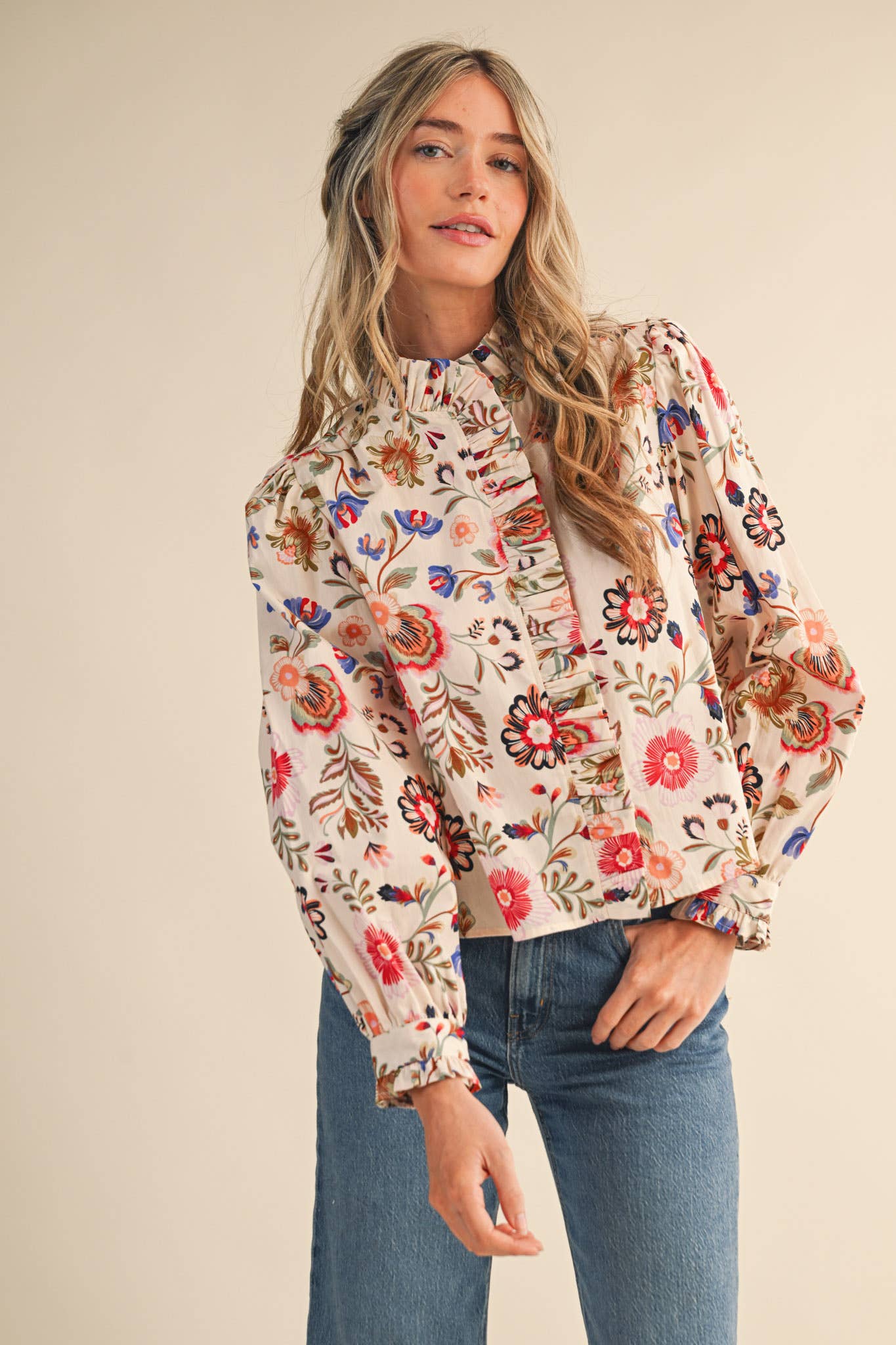 Floral Print Ruffled Button Down Top
