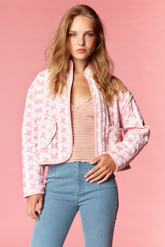 Pink Floral Heart Pocket Quilted Jacket