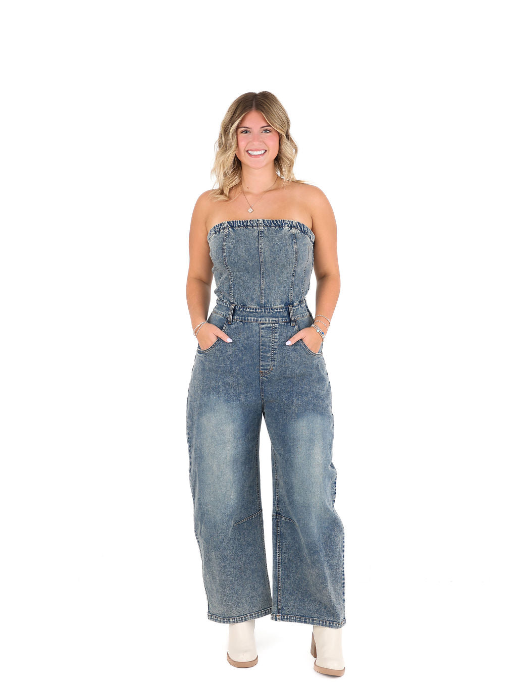 Strapless Barrel Denim Jumpsuit