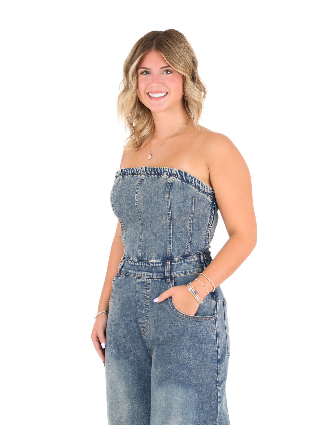 Strapless Barrel Denim Jumpsuit