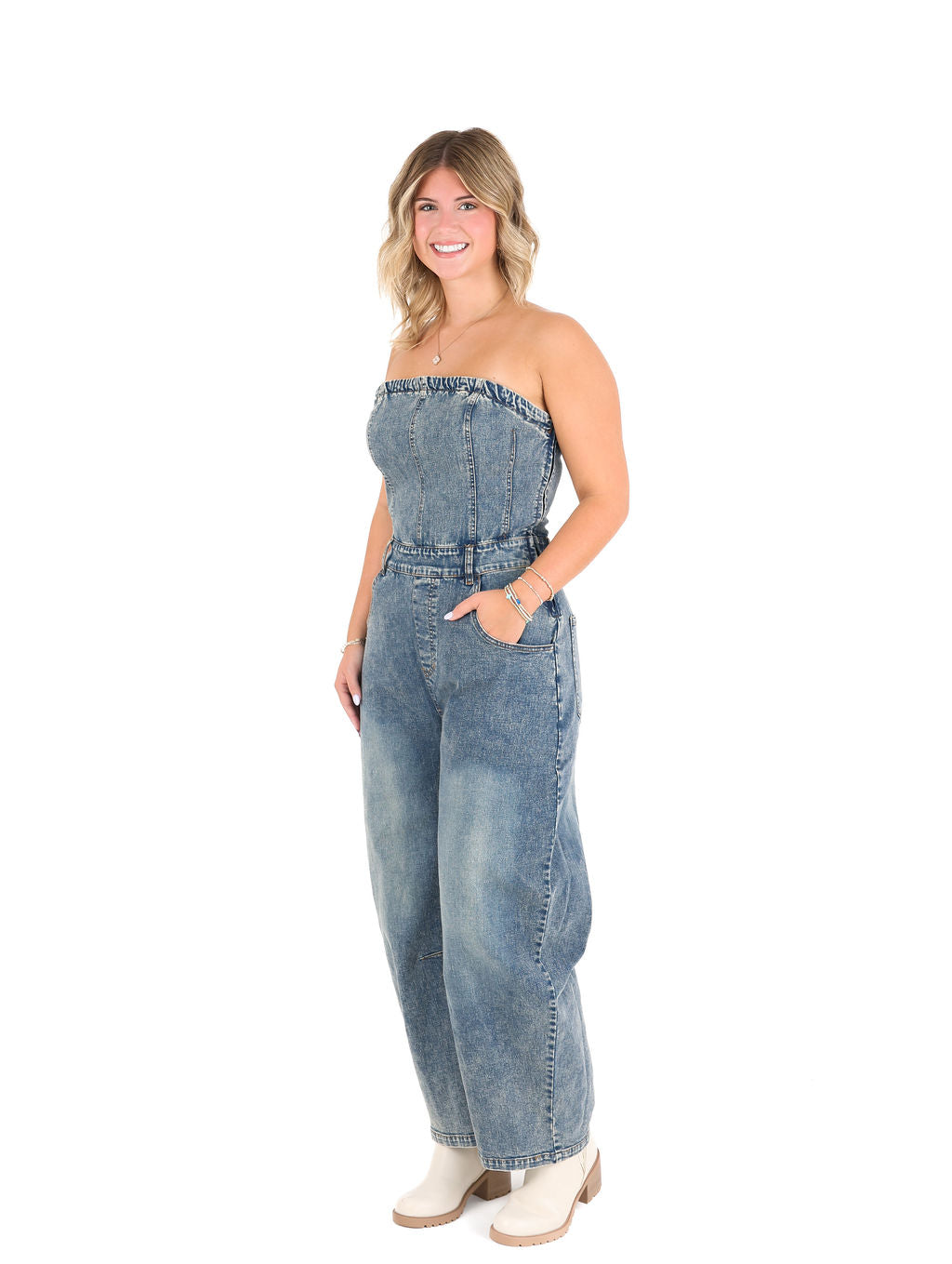 Strapless Barrel Denim Jumpsuit