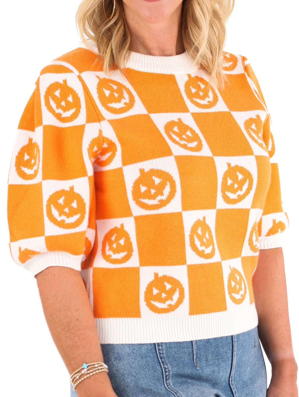 Pumpkin Checkered Sweater Top