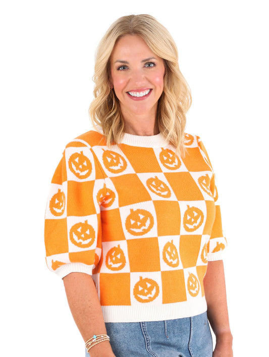 Pumpkin Checkered Sweater Top