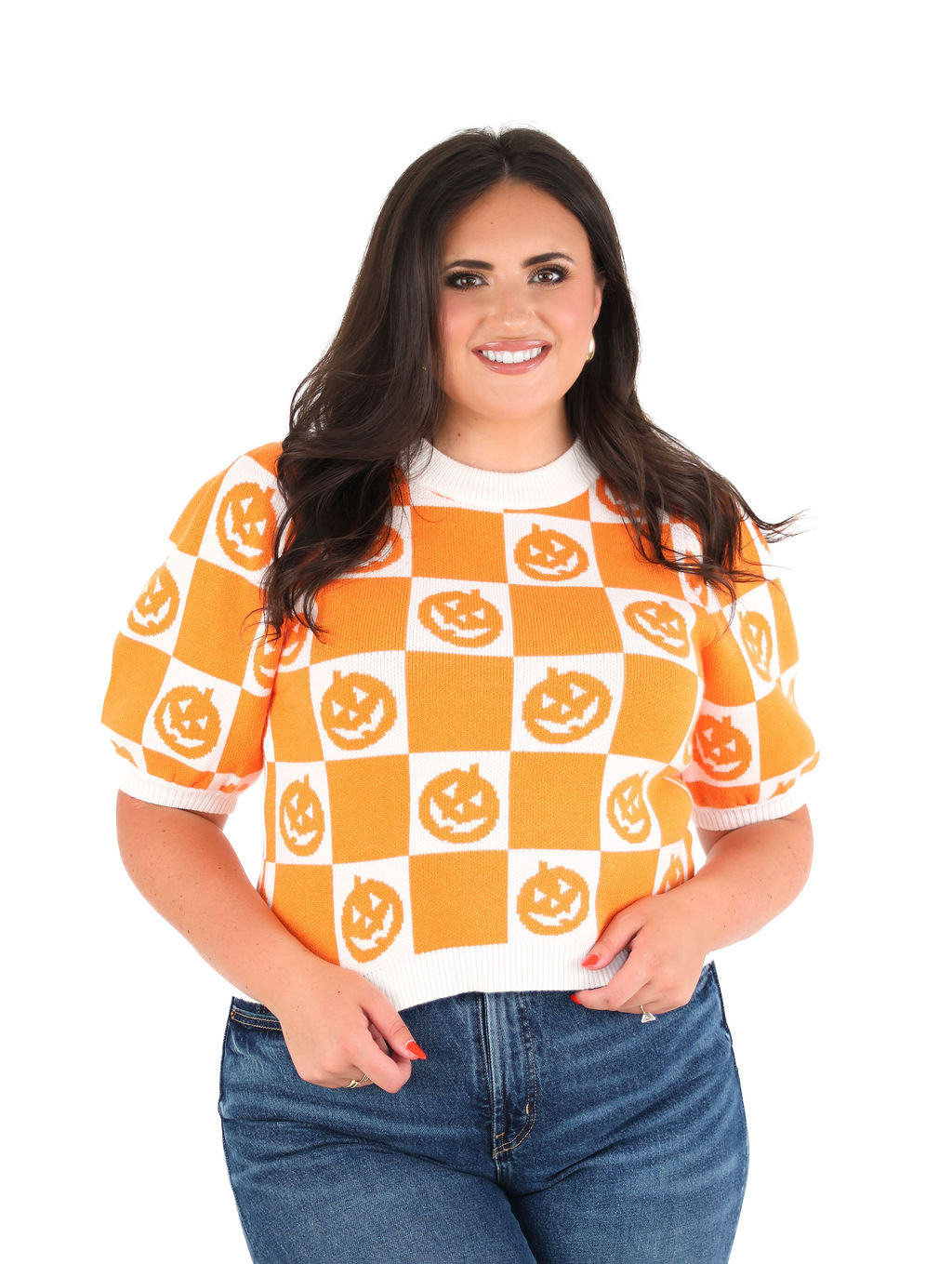 Pumpkin Checkered Sweater Top