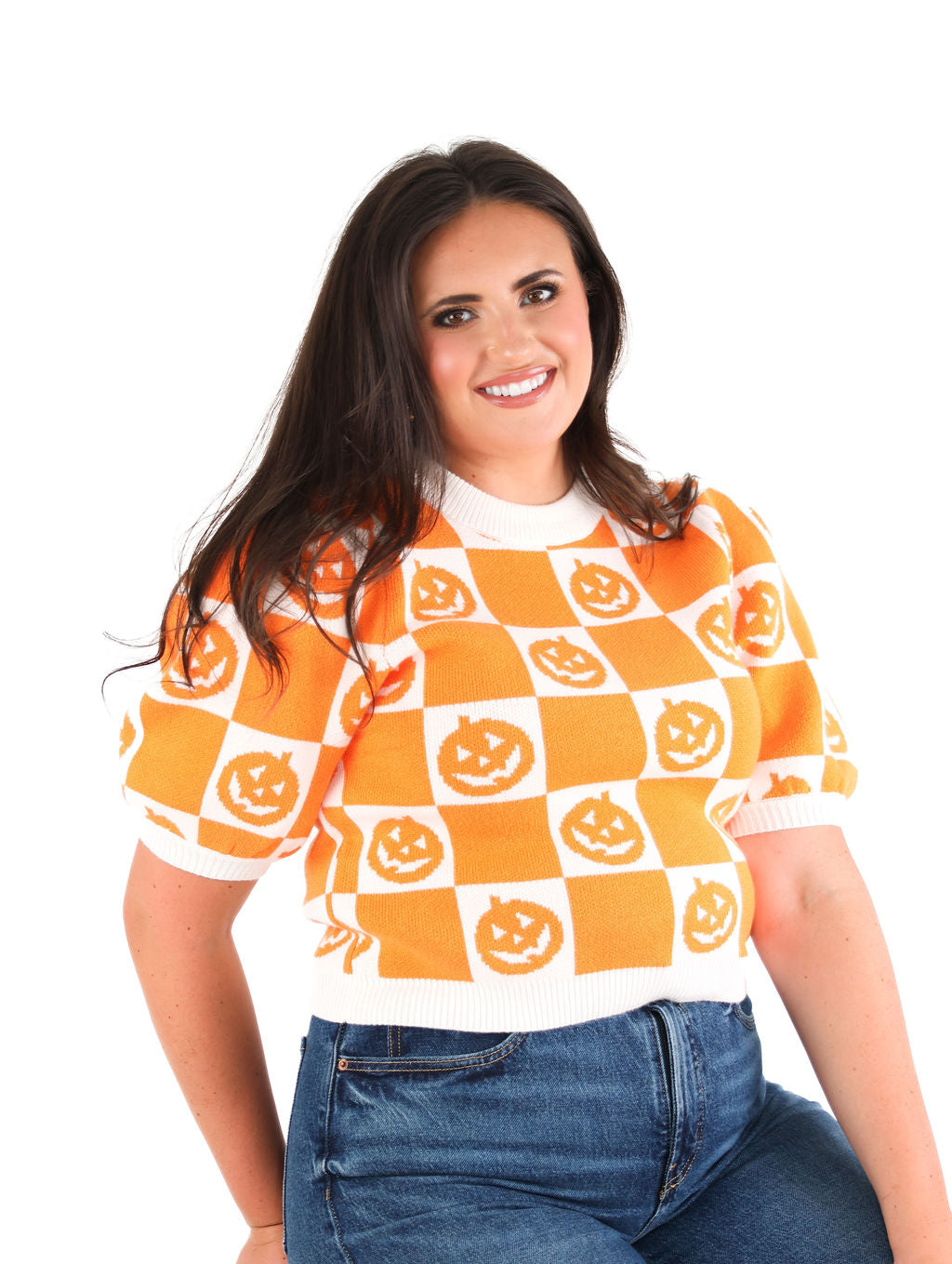Pumpkin Checkered Sweater Top