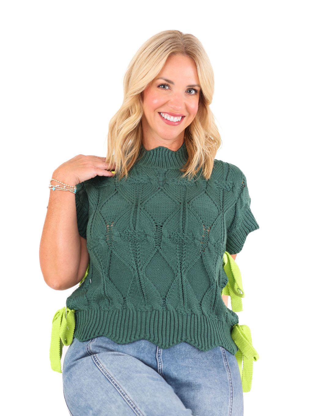 Mock Neck Short-Sleeve Green Sweater