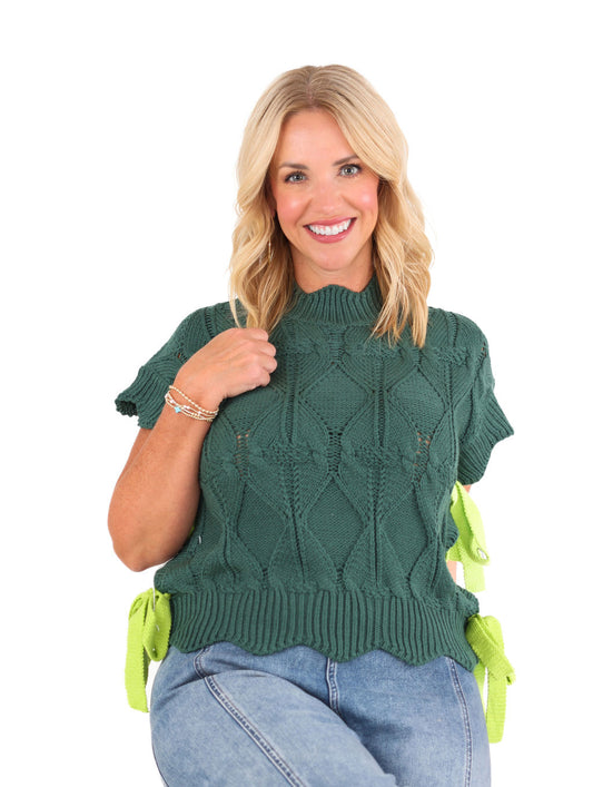 Mock Neck Short-Sleeve Green Sweater