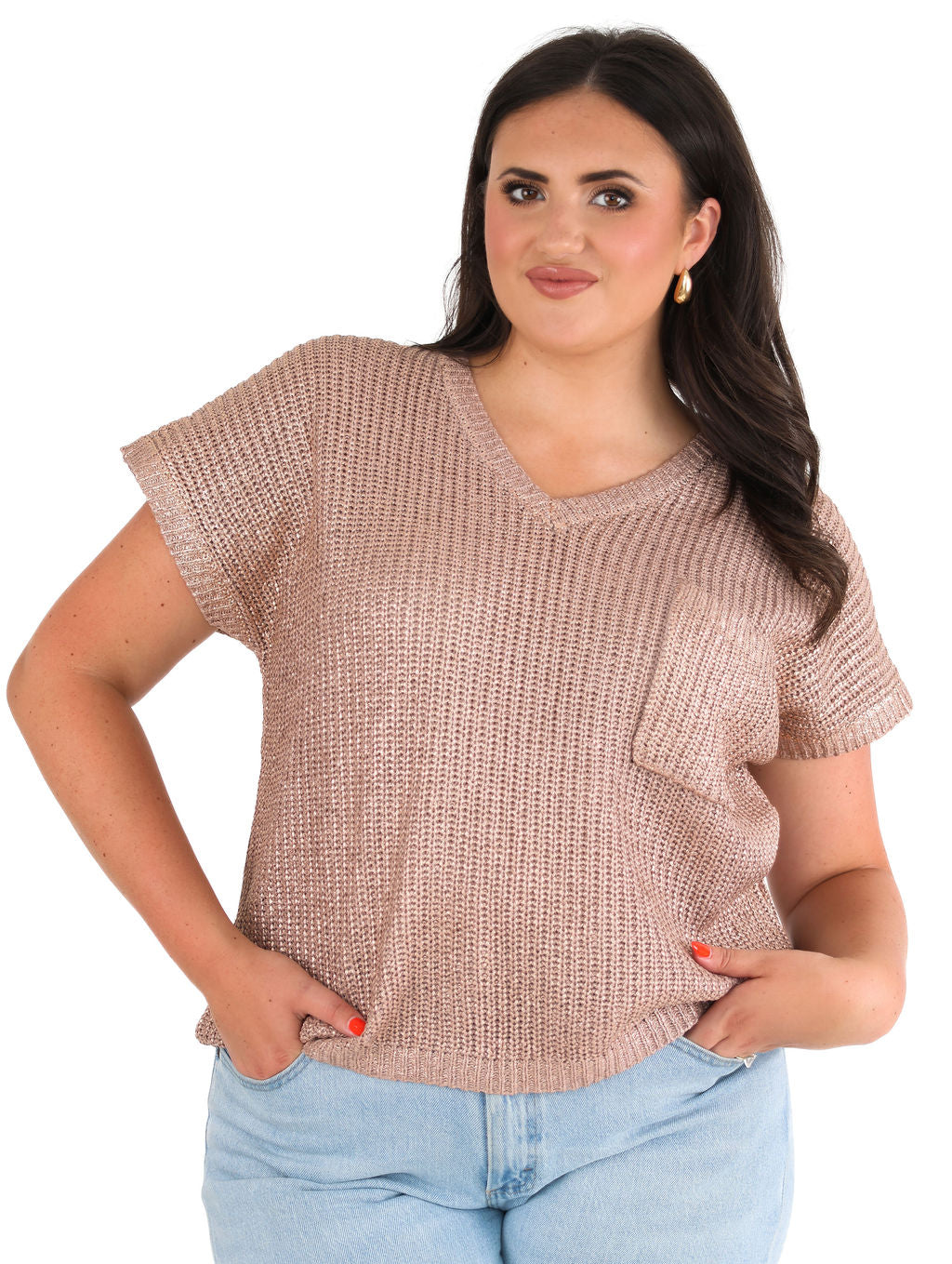 Mocha Gold Metallic Coated Sweater Top