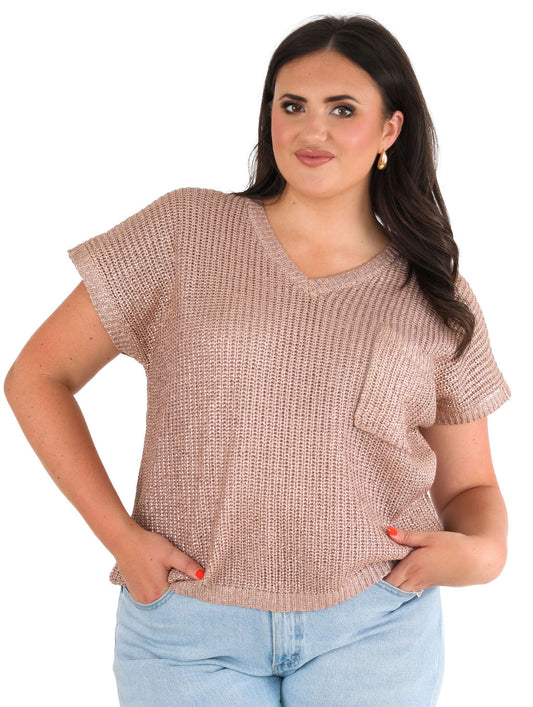 Mocha Gold Metallic Coated Sweater Top