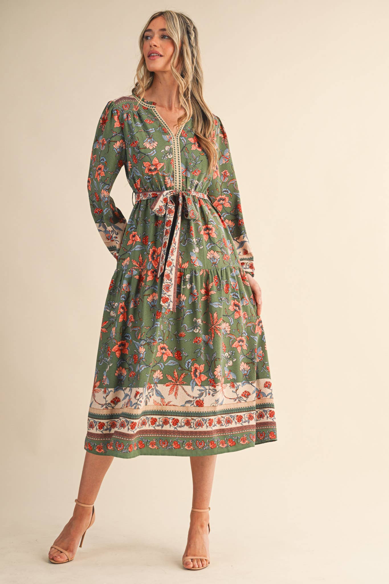 Floral Border Print Belted Midi Dress