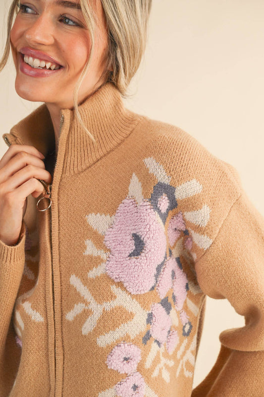 Floral Zip Up Sweater Cardigan