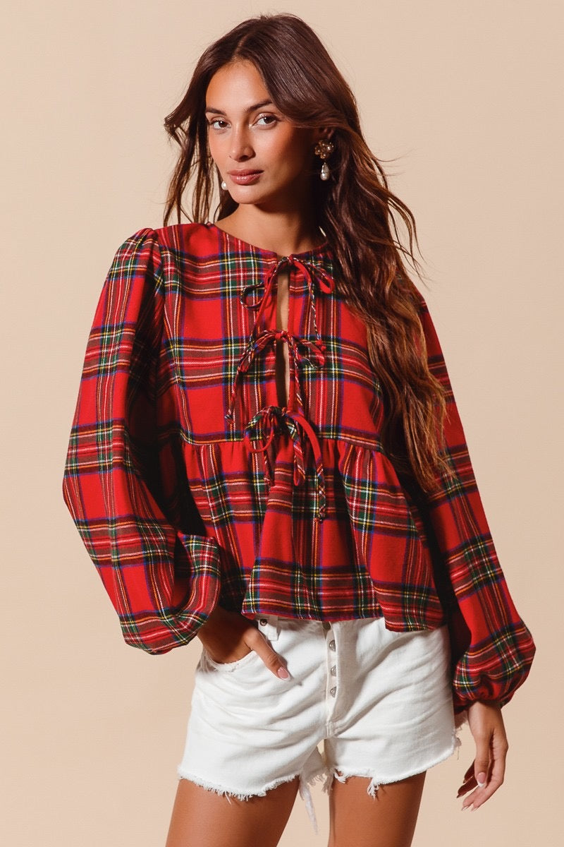 Front Tie Christmas Checkered Plaid Blouse