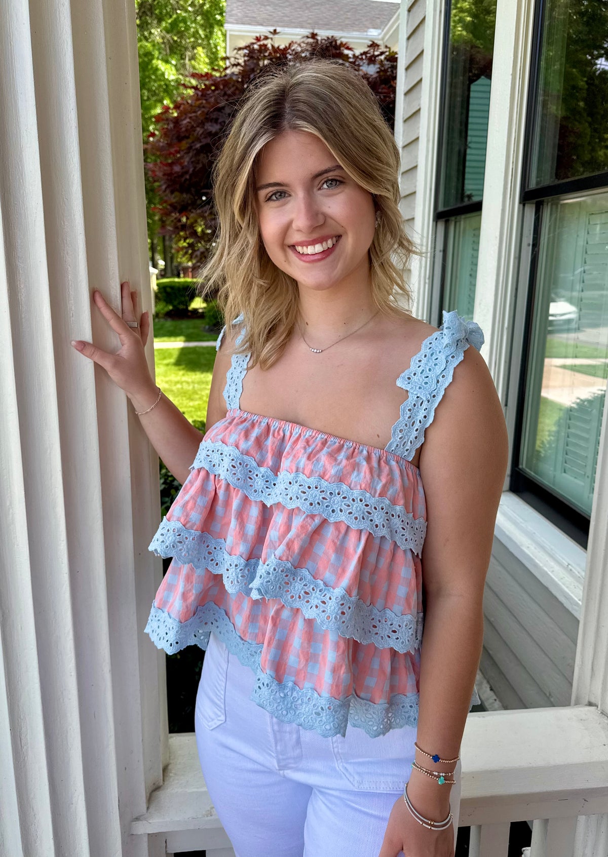 Gingham Tiered Lace Trim Top
