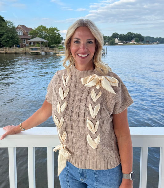 Satin Bow Cable Knit Sweater