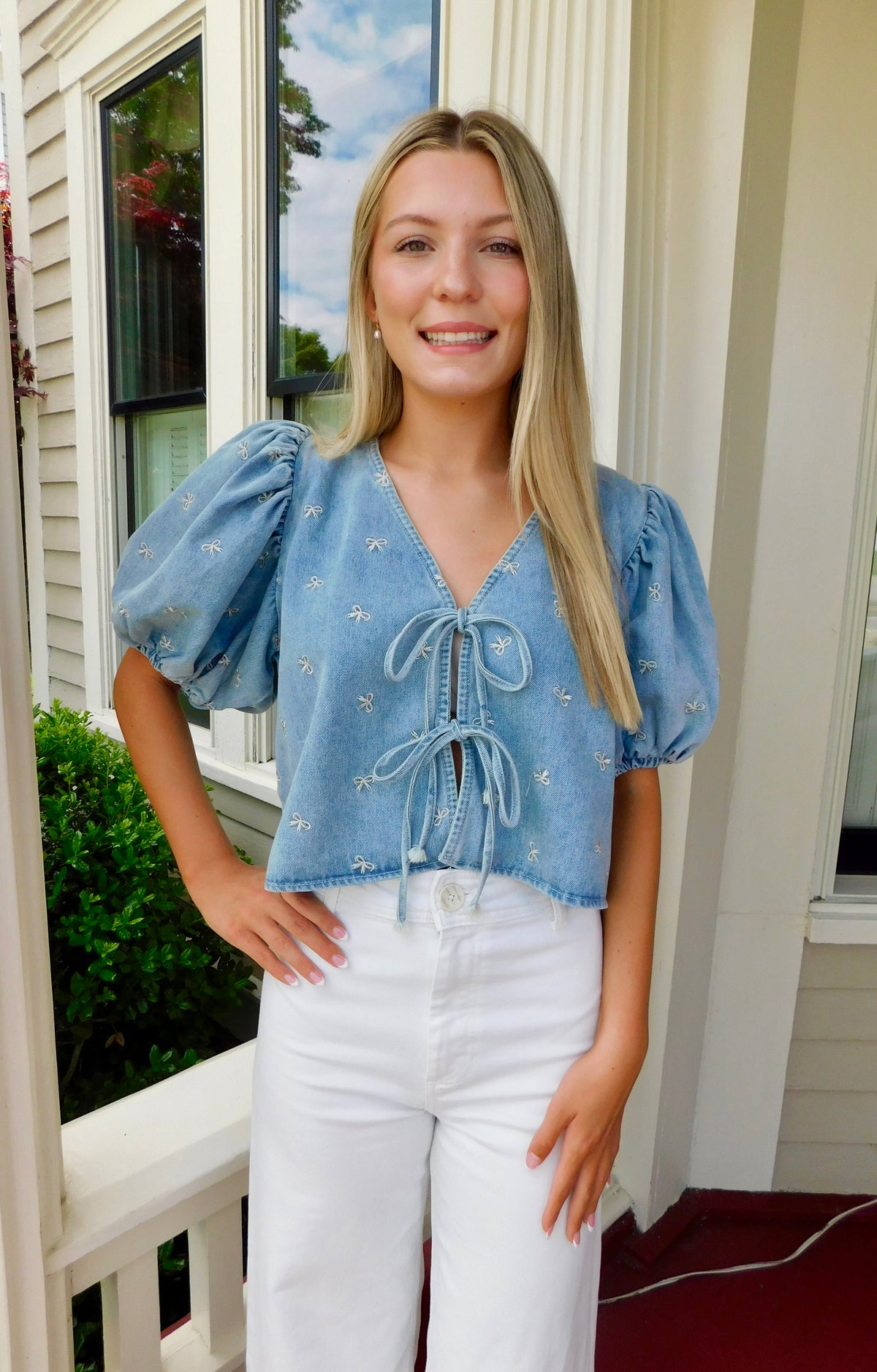 Puff Sleeve Denim Bow Top