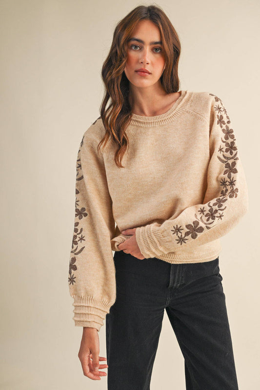Pullover Sweater With Floral Embroidered Sleeves