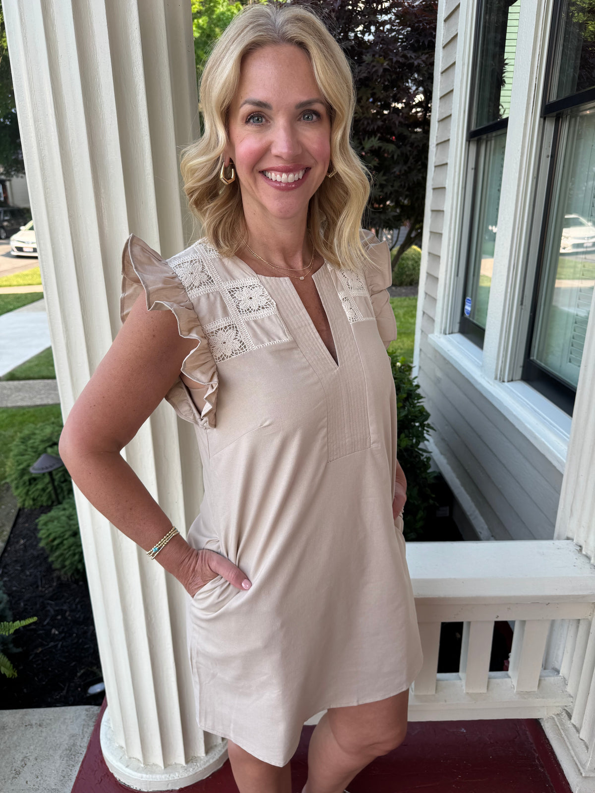 Crochet Detail Linen Mini Dress