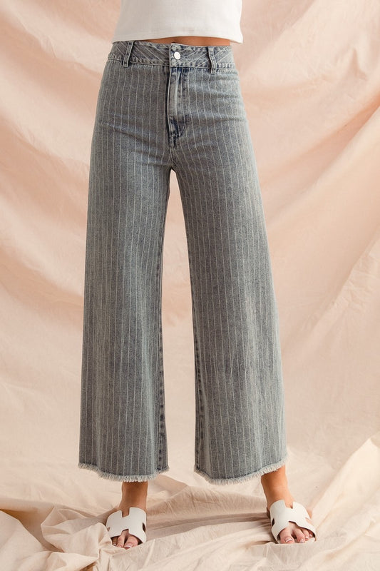 Washed Stripe Denim Frayed Hem Pants