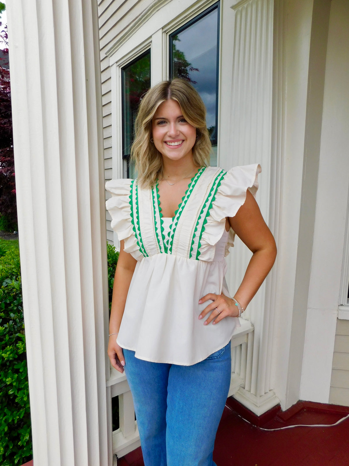 Woven Wave Trim Sleeveless Top