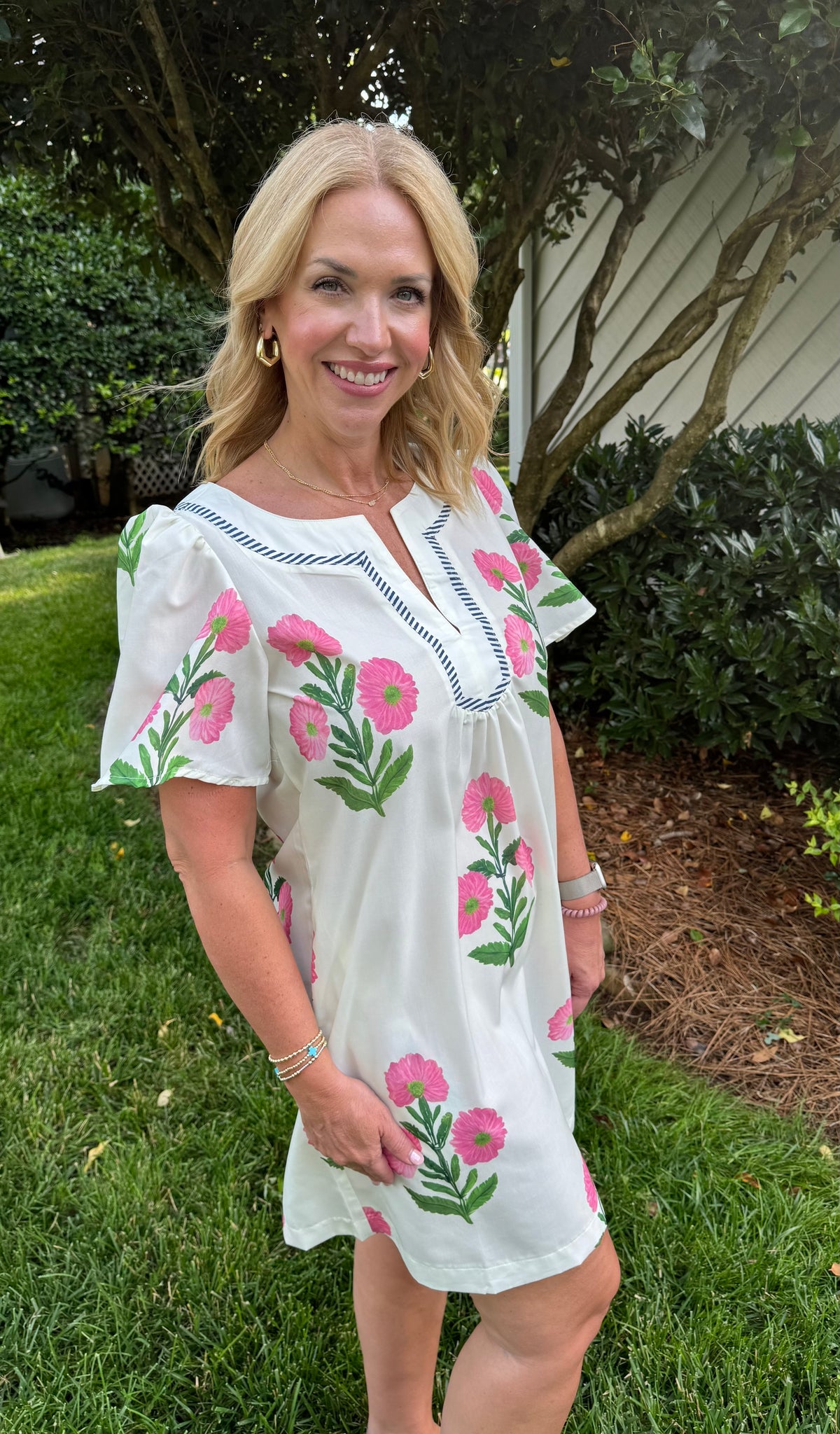 Floral Short Sleeve Split Neck Mini Dress